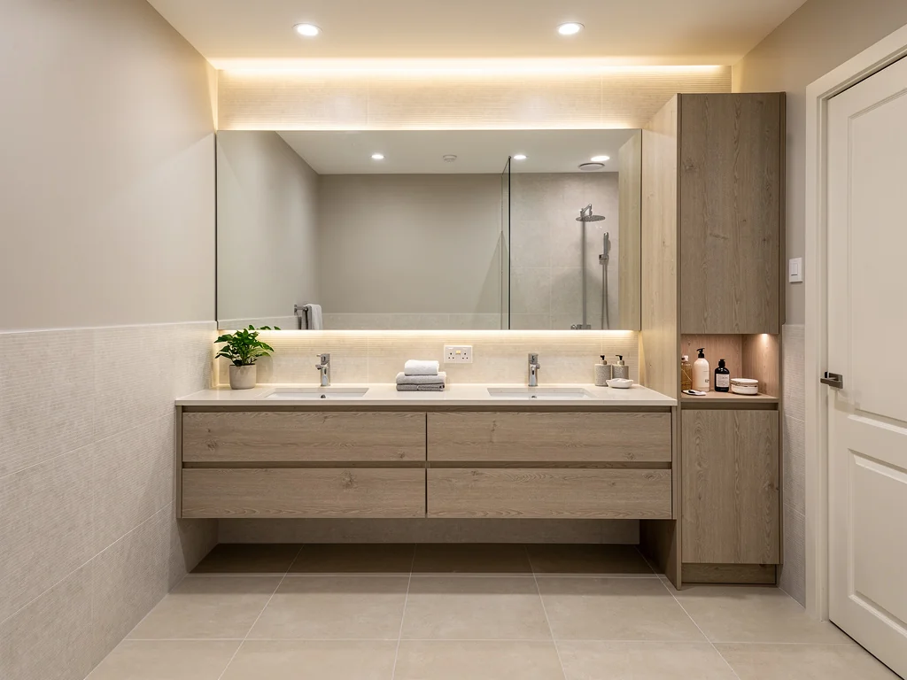 Salle de bain familiale rénovée avec double vasque, colonne de rangement et éclairage LED